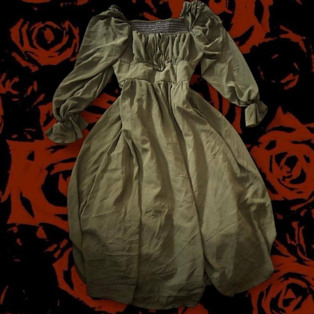 Olive Green Puff Sleeve Midi Dress